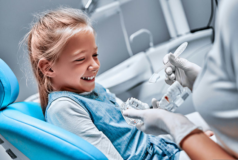 The dentist tells the child about oral hygiene and shows an artificial jaw and toothbrush. Close up view